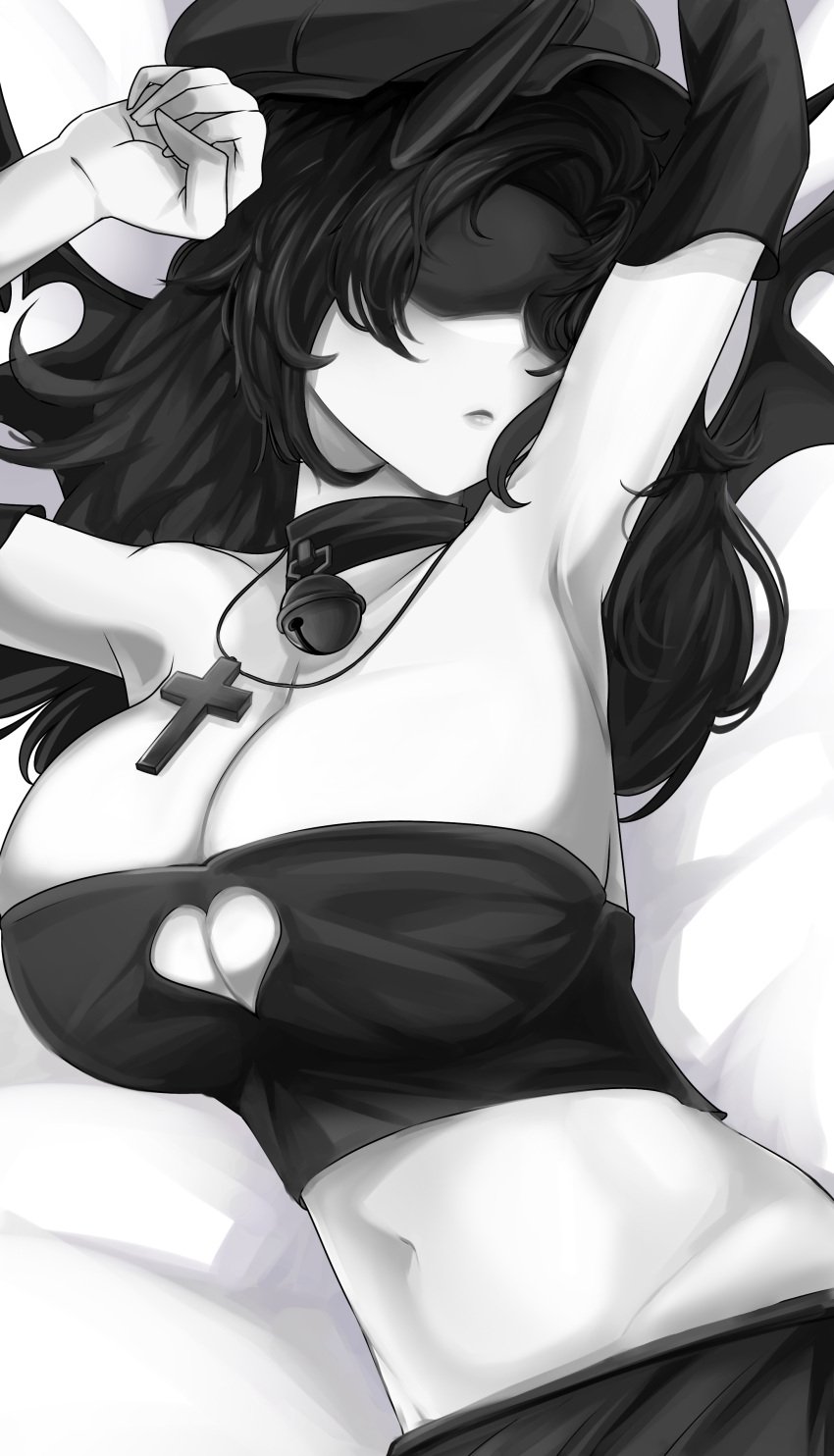 1girls armpits arms_up balanced_craft_wars bare_shoulders bed belly_button big_breasts black_blindfold black_cap black_hair blindfold breasts breasts breasts_bigger_than_head cleavage collarbone craftwars_knockoff demon_girl demon_horns demon_wings digital_drawing_(artwork) digital_media_(artwork) female female_focus hair hips horns laying_down laying_on_back laying_on_bed light-skinned_female light_skin mature_female midriff ponytail roblox roblox_avatar succubus supercoolusername_(roblox) waist white_body wings