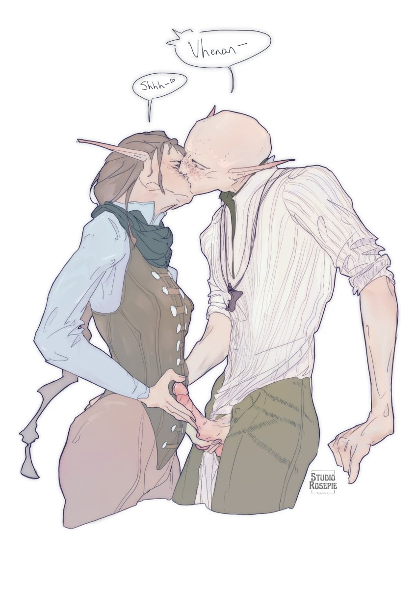 1boy1girl alternate_version_available bald braided_hair braided_ponytail clothed dragon_age dragon_age_inquisition female fondling_balls handjob kissing lavellan male male/female pointy_ears solas speech_bubble studiorosepie studiorosepie