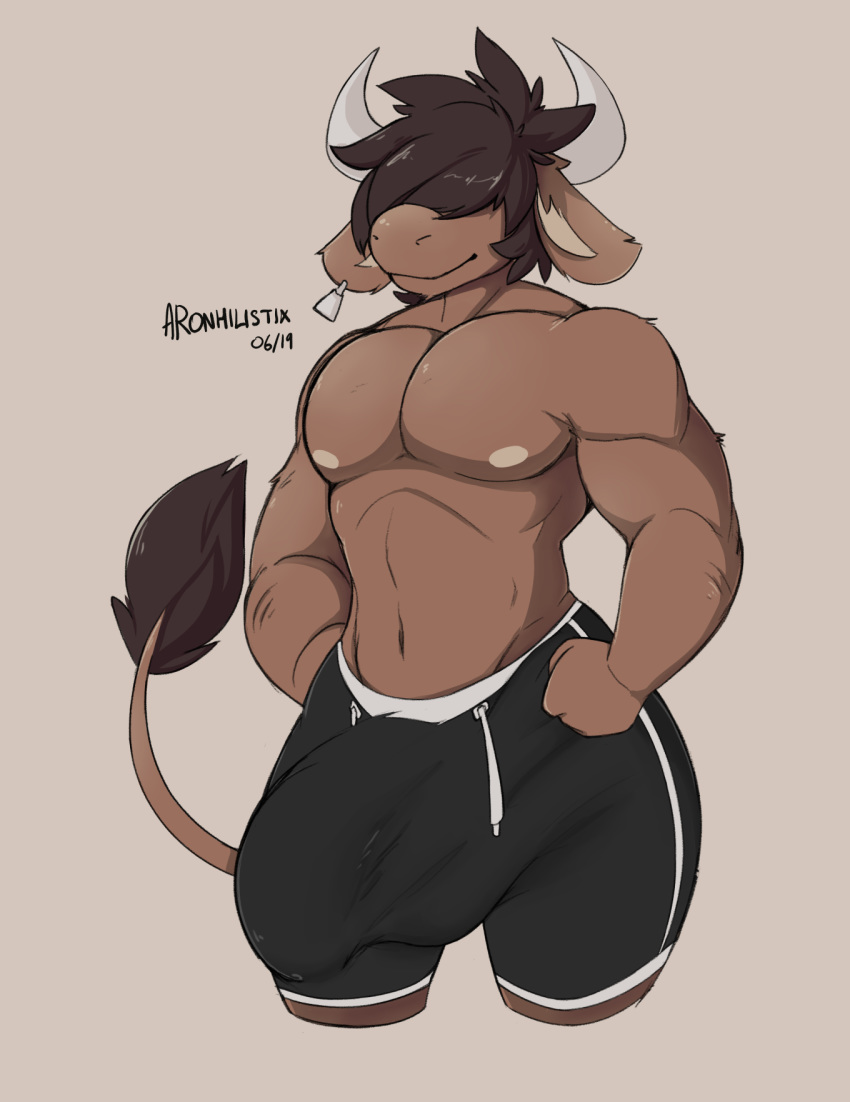 2019 anthro aronhilistix barazoku biceps bottomwear bovid bovine bulge cattle clothed clothing fur hi_res highland_cattle horn huge_bulge male male_only mammal muscular muscular_male nipples pecs penis_outline simple_background smile solo standing thick_thighs topless