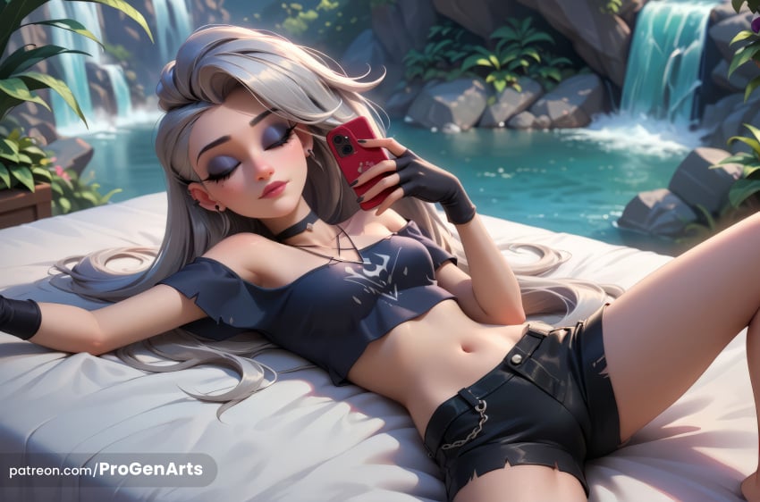 1girls ai_generated artist_name bare_shoulders black_choker black_gloves black_shorts breasts cellphone choker closed_eyes crop_top ear_piercing earrings eyeshadow fingerless_gloves gloves grey_hair helluva_boss hi_res holding holding_phone human_loona humanized jewelry long_hair loona_(helluva_boss) lying makeup midriff navel necklace off-shoulder_shirt off_shoulder on_back patreon_username phone piercing progenarts selfie shirt short_shorts shorts small_breasts smartphone solo spread_legs torn_clothes torn_shorts water waterfall