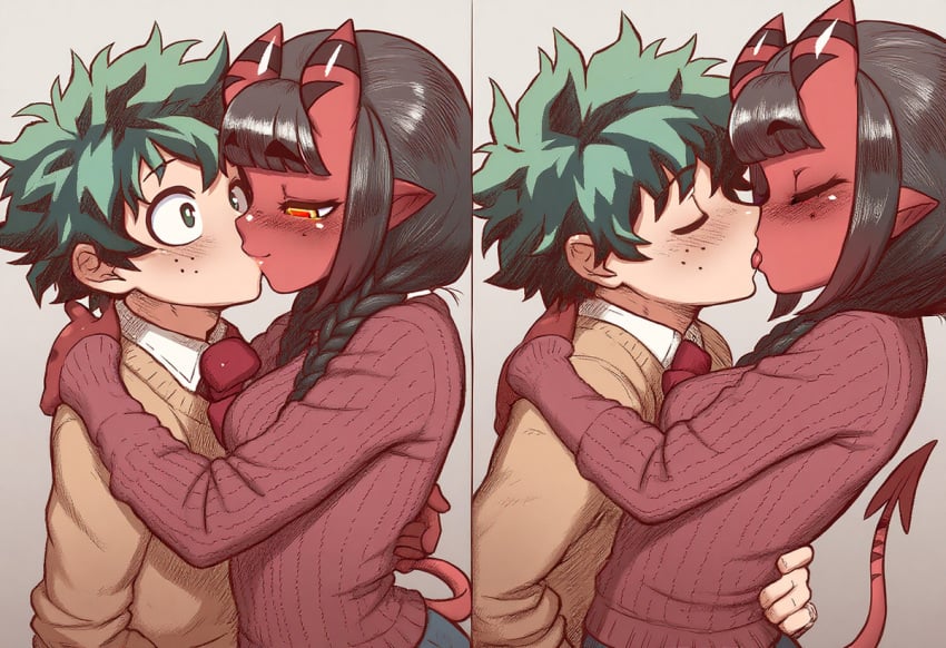 1boy 1boy1girl affectionate boku_no_hero_academia caress couple crossover_pairing deku demon_girl dreson female french_kiss hug izuku_midoriya kissing love male/female meru_(merunyaa) my_hero_academia no_sex possessed romantic_ambiance romantic_couple small_breasts straight succubus tongue