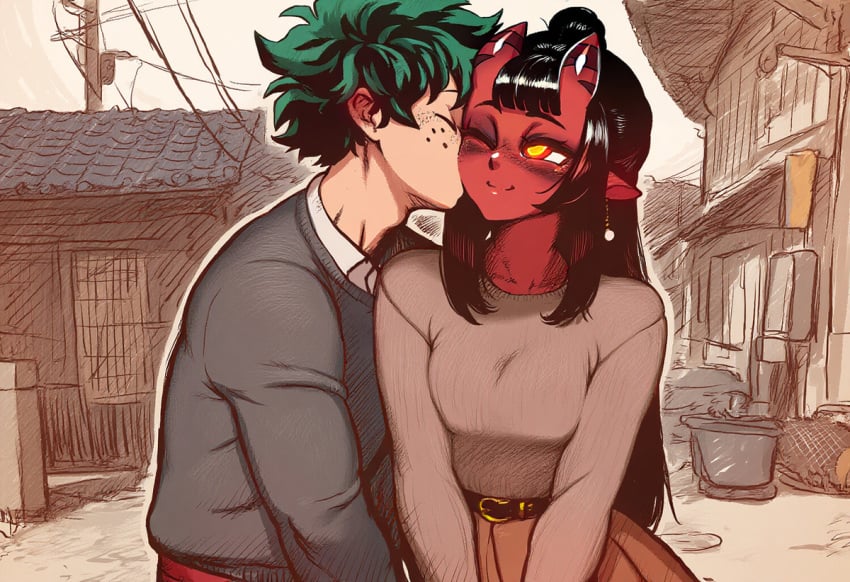 1boy 1boy1girl affectionate ai_generated boku_no_hero_academia caress couple deku demon_girl dreson female hug izuku_midoriya kissing kissing_cheek love male/female medium_breasts meru_(merunyaa) my_hero_academia no_sex romantic_ambiance romantic_couple straight succubus wholesome