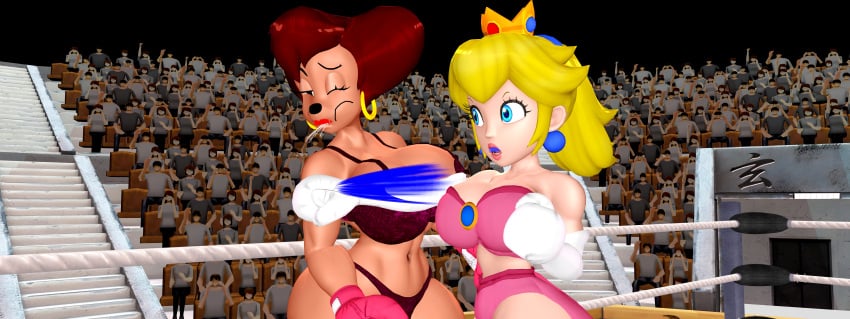 2girls 3d 3d_(artwork) anthro big_breasts blonde_hair boxing boxing_gloves boxing_ring bra breasts brown_hair catfight crossover doyle44 eastern_and_western_character female_focus female_only fight fighting fighting_ring furry goof_troop huge_breasts large_breasts lingerie long_hair mario_(series) panties peg_pete princess_peach punch punching punching_face short_hair wide_hips