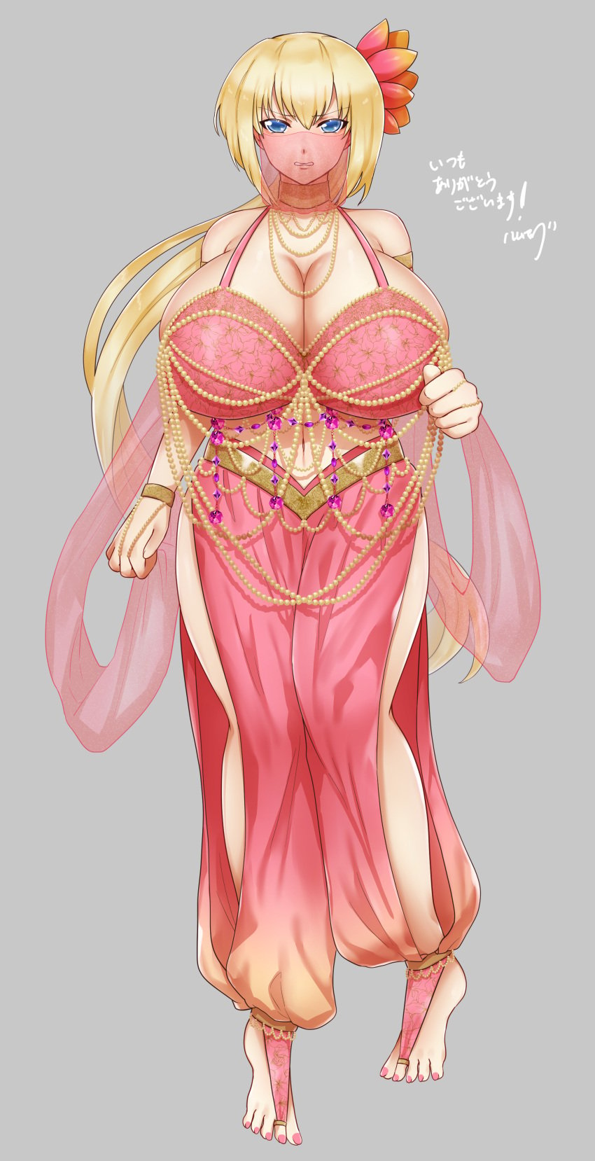 barefoot blonde_hair blue_eyes breasts dancer feet flower flower_in_hair ham121ham harem_girl harem_outfit huge_breasts jewelry light-skinned_female light_skin mouth_veil painted_nails pearl_(gem) thick_thighs toes veil wide_hips