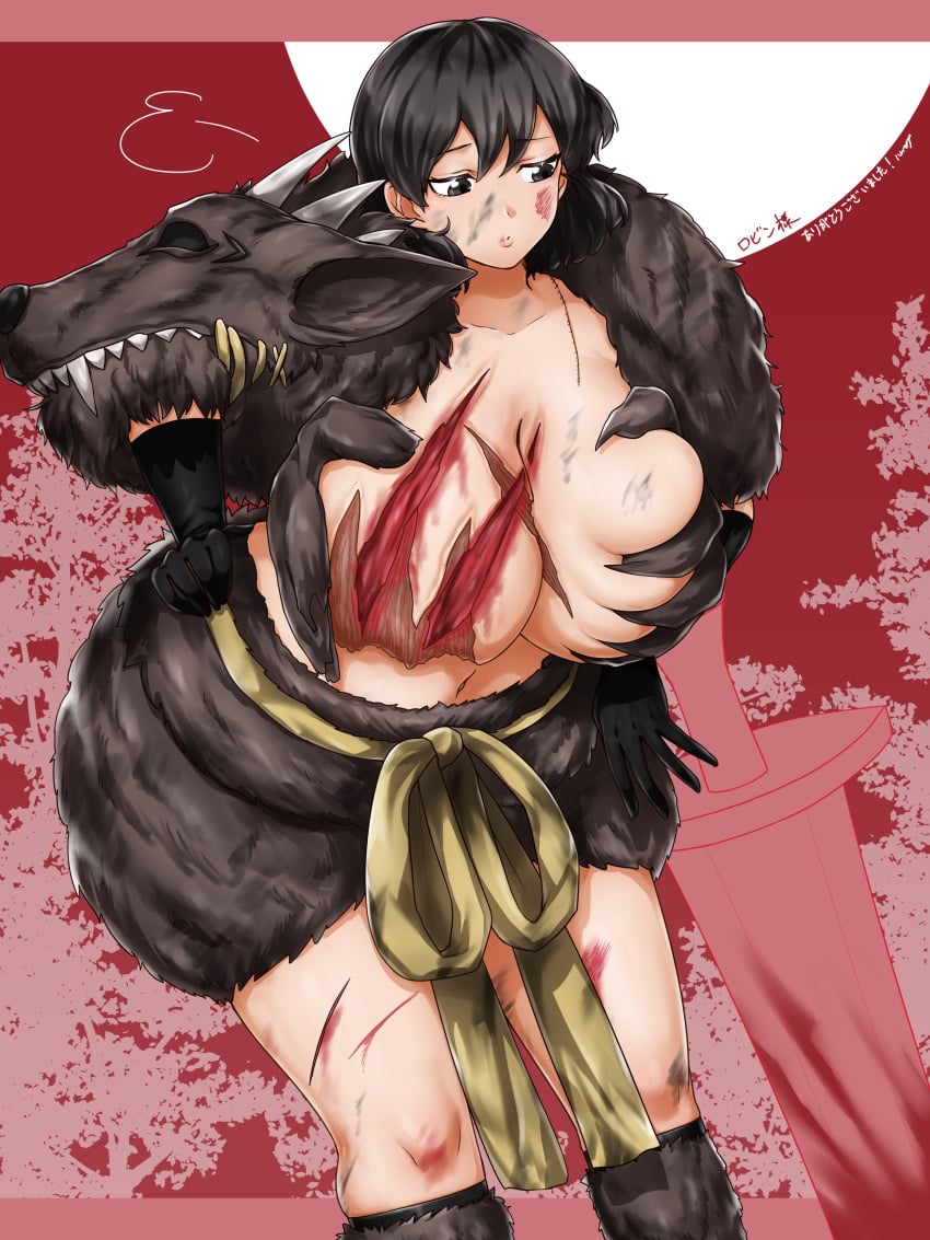 1girls black_eyes black_hair blood decapitated_head fur_clothing grey_eyes ham121ham huge_breasts light-skinned_female light_skin looking_down scar scarred_breasts wounded