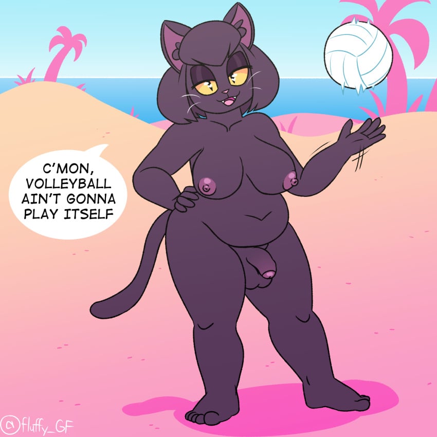 anthro areola balls beach belly belly_overhang black_body black_fur breasts casual_nudity domestic_cat felid feline felis flaccid fluffygirlfriend foreskin fur genitals gynomorph hand_on_hip hi_res intersex lilith_(fluffygirlfriend) looking_at_viewer mammal navel nipples nude outdoor_nudity palm_tree penis plant shadow slightly_chubby solo speech_bubble sport tail talking_to_viewer thick_thighs ttree volleyball whiskers yellow_eyes