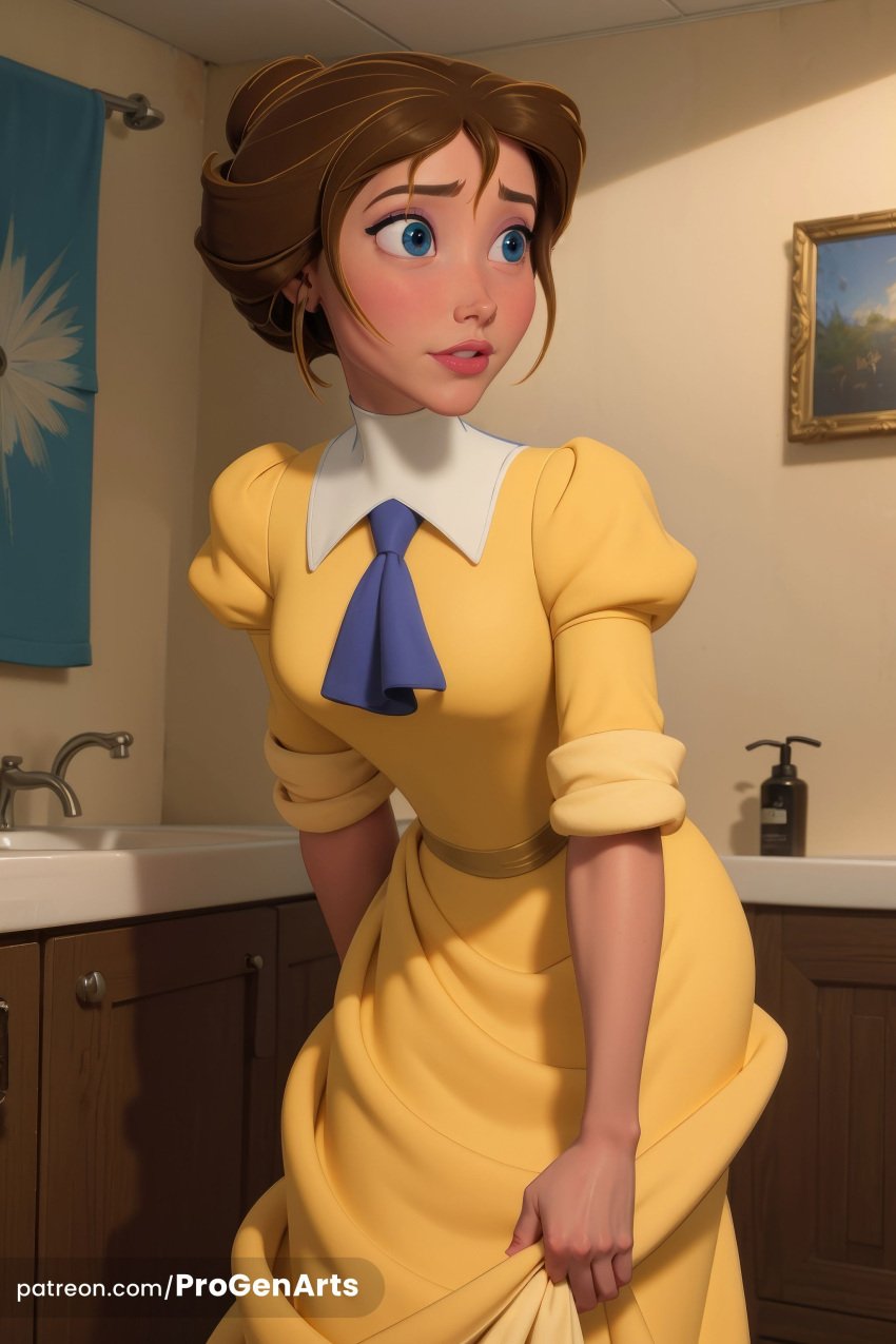 1girls ai_generated artist_name ascot blue_ascot blue_eyes breasts brown_hair disney dress hi_res indoors jane_porter lips looking_to_the_side mirror nose parted_lips patreon_username progenarts puffy_sleeves short_hair solo tarzan_(1999_film) walt_disney watermark web_address yellow_dress