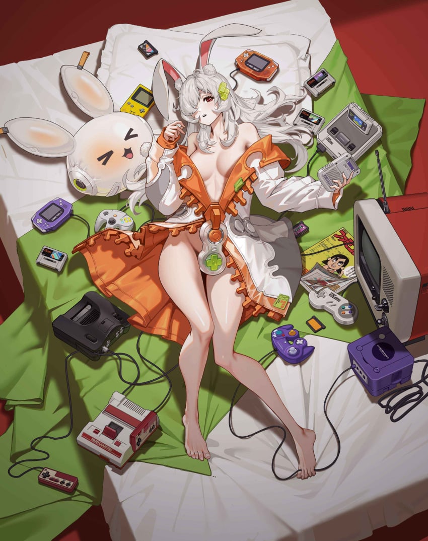 barely_clothed bunny_ears bunny_girl fate_trigger feet female gamer_girl kira_(fate_trigger) source_request tasteful_nudity thighs