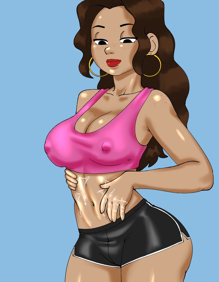 applying_lotion black_shorts blush brown_hair brown_skin closed_mouth cowboy_shot darkeros13 dolphin_shorts female freckles gold_earrings half-closed_eyes hand_on_own_stomach happy hoop_earrings large_breasts looking_down lotion magenta_bra rachel_(eachminister) shiny_skin sports_bra wavy_hair