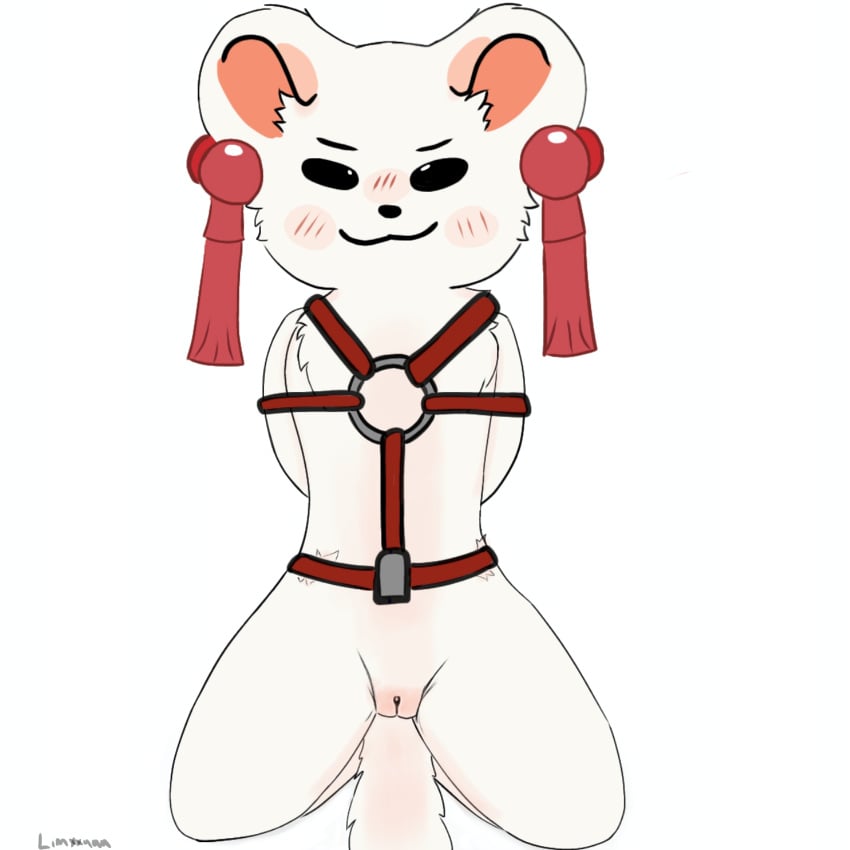 1:1 absurd_res anthro ear_piercing ear_ring fabulous_beasts female fenz_(studio) fur genitals harness hi_res kneeling limxxaa mammal mustelid piercing pussy ring_piercing solo tubaoshu_(youshouyan) white_body white_fur