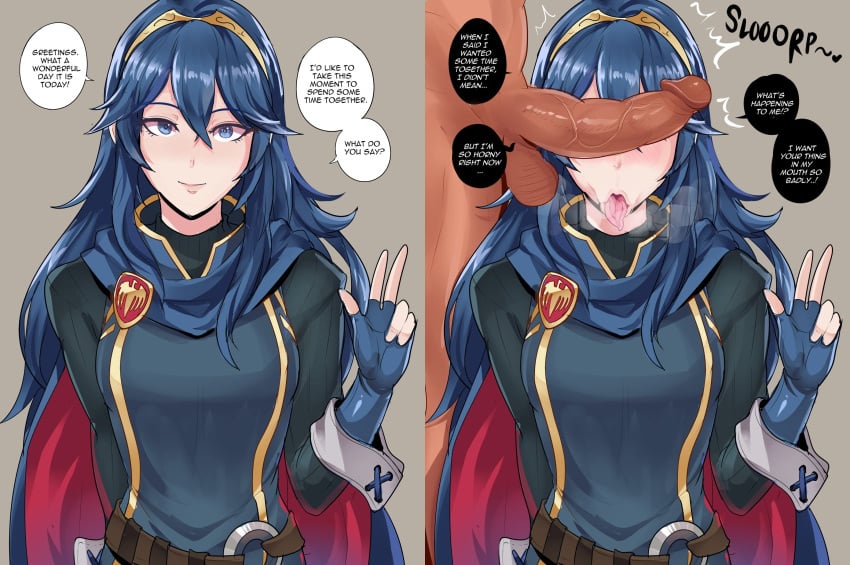 1boy 1girls :>= blue_eyes blue_hair breasts cant_see_the_haters clothed_female dark-skinned_male english_text female female_only fire_emblem fire_emblem_awakening fire_emblem_engage highres horny horny_female imminent_fellatio imminent_oral imminent_sex light-skinned_female long_hair lucina_(fire_emblem) male naughty_face nintendo peace_sign penis penis_awe penis_over_eyes revolverwingstudios simple_background small_breasts solo straight text tongue tongue_out uncensored v