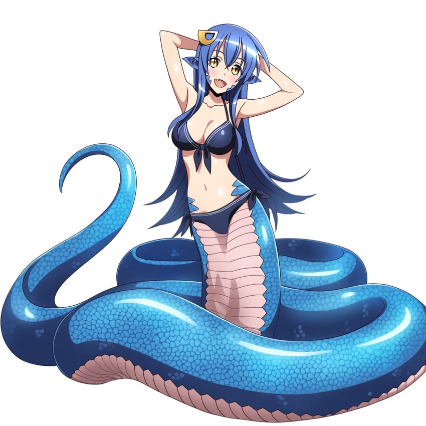 1girls ai_generated aigbrea blue_hair blue_scales color_swatch hair_ornament lamia large_breasts long_hair miia_(monster_musume) monster_girl monster_musume_no_iru_nichijou oerba_yun_fang simple_background snake_girl swimsuit tagme yellow_eyes