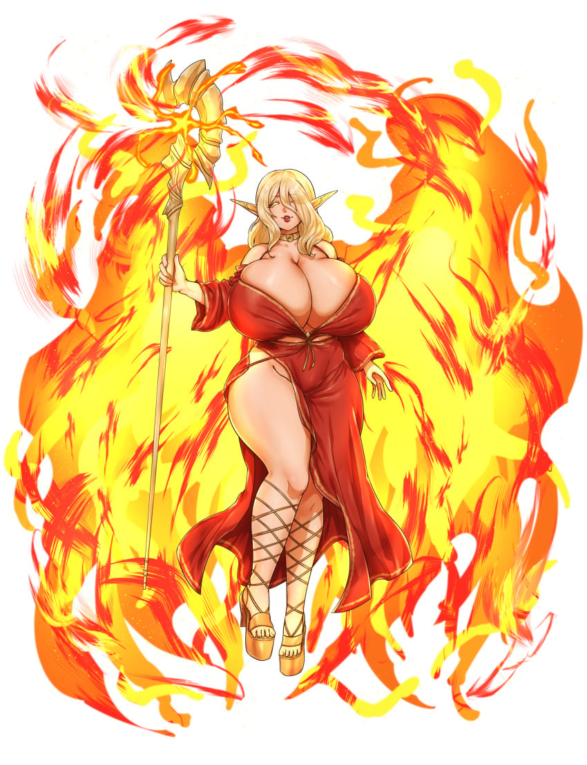 blonde_hair cleavage collar dress elf fiery_wings fire fire_manipulation full_lips glowing_eyes ham121ham huge_breasts lipstick looking_at_viewer open_toe_shoes pointy_ears red_dress smiling smiling_at_viewer staff thick_thighs toes white_background wide_hips yellow_eyes