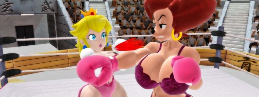 2girls 3d anthro big_breasts blonde_hair boxing boxing_gloves boxing_ring bra breasts brown_hair catfight cleavage crossover dodge doyle44 eastern_and_western_character female_focus female_only fight fighting fighting_ring furry goof_troop huge_breasts large_breasts lingerie long_hair mario_(series) milf panties peg_pete princess_peach punch short_hair