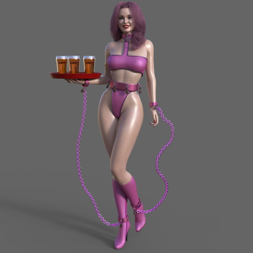 1girls 3d 3d_render ankle_cuffs bondage bound chains collar female female_only femsub gta345 high_heels revealing_clothes serving_tray wrist_cuffs