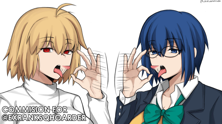 2girls ahoge arcueid_brunestud asking_for_it asking_for_sex bedroom_eyes blonde_hair blowjob_face blowjob_gesture blue_eyes blue_hair bowtie breasts breasts chdr_anderson ciel_(tsukihime) clothed clothed_female fellatio_gesture female_pervert glasses handjob_gesture horny horny_female huge_breasts human imminent_oral inviting_to_fuck inviting_to_sex jewelry lewd looking_at_viewer melty_blood motion_lines necklace open_mouth oral_invitation pervert pov red_eyes school_uniform schoolgirl sweater teasing teasing_viewer tongue tongue_out top_heavy tsukihime tsukihime_(remake) type-moon vampire_girl viewer_pov wanting_sex