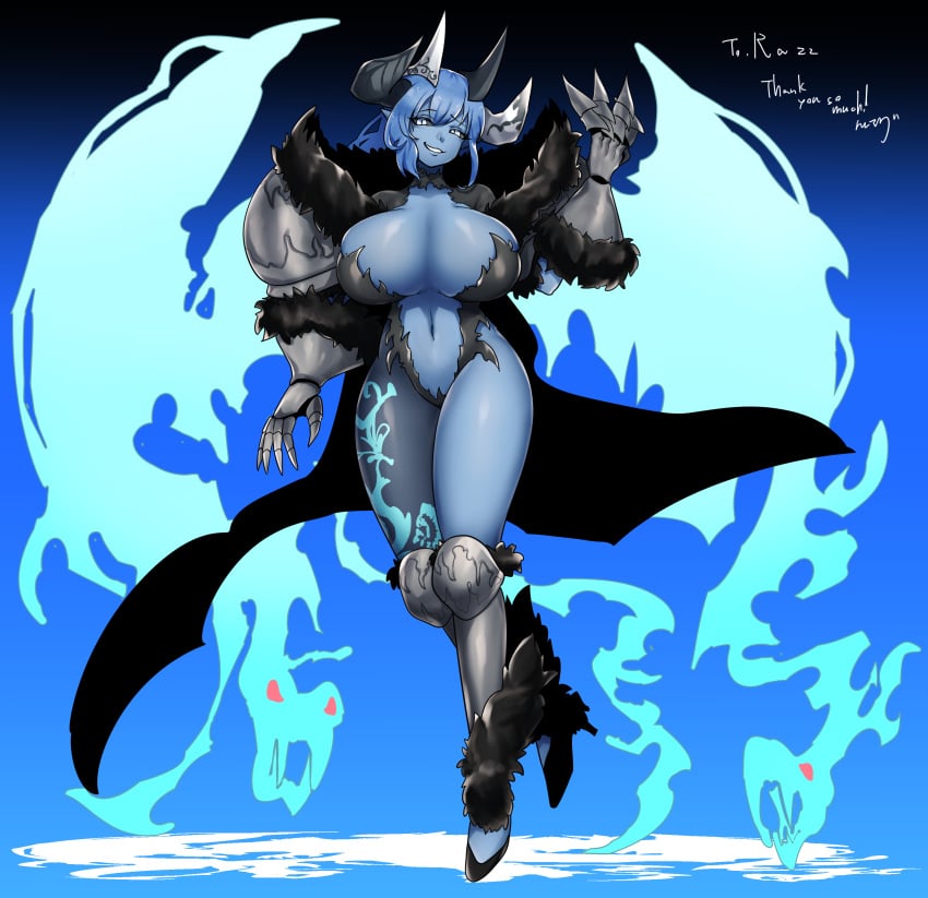 armor black_sclera blue_hair blue_skin demon demon_girl energy_wings ham121ham high_heels horns huge_breasts impractical_armor looking_at_viewer silver_eyes skimpy_clothes smiling wide_hips