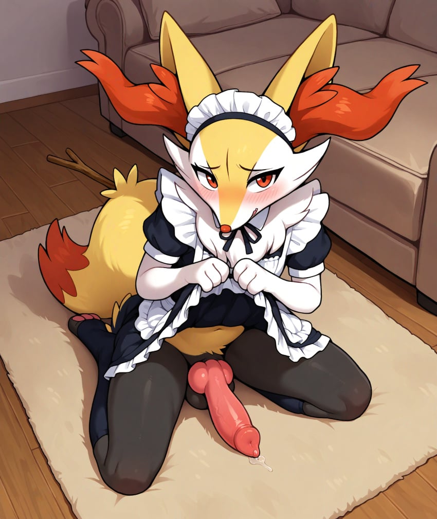 1boy 1male ai ai_generated animal_genitalia anthro background blush blush braixen canid canine canine_genitalia canine_penis clothing femboy fox furry furry_only knot maid maid_uniform open_eyes pokemon pokemon_(species) precum precum_on_penis red_eyes simple_background solo solo_male