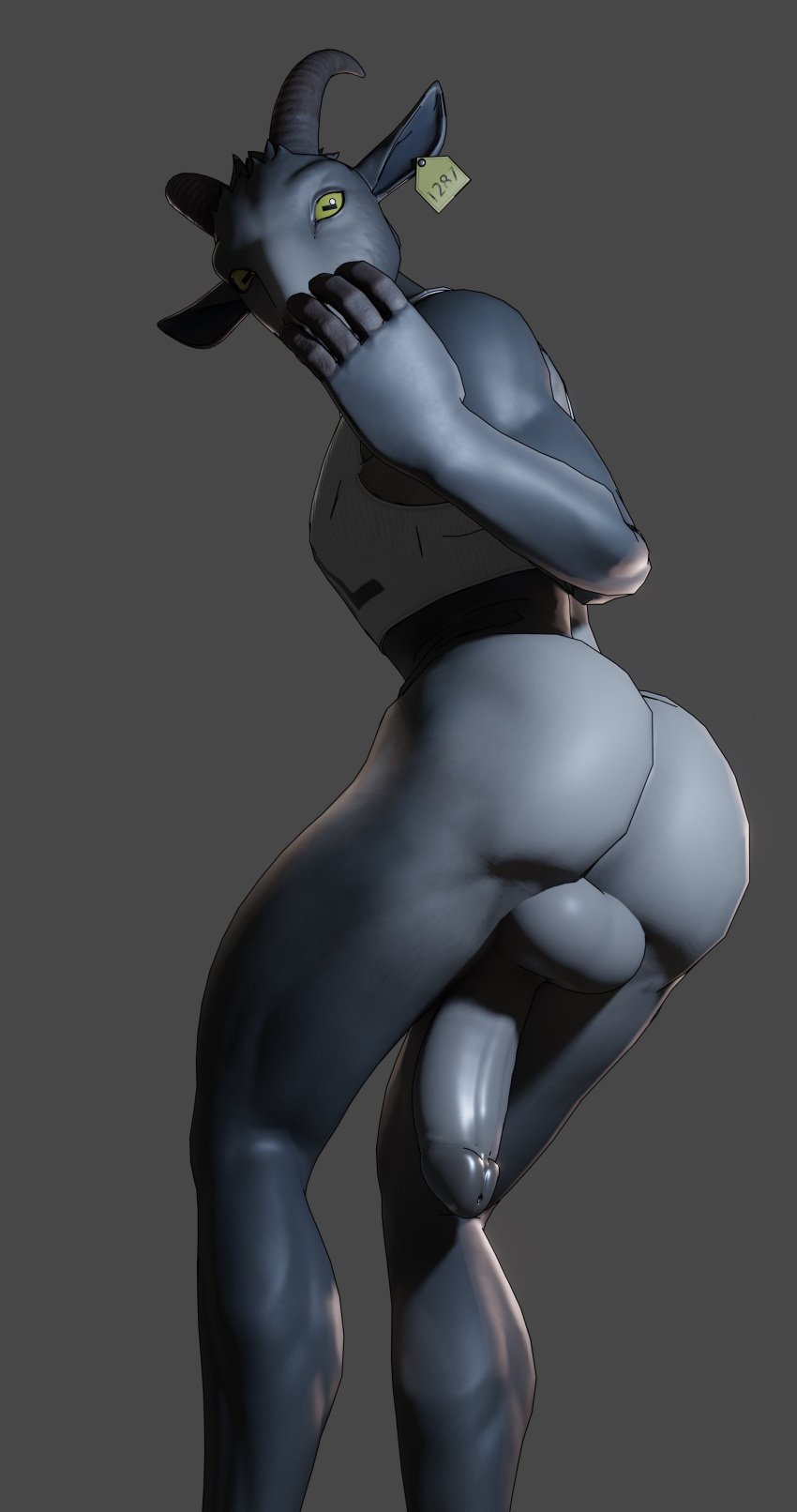 2023 3d_(artwork) absurd_res anthro ass backsack balls big_butt bottomless bovid caprine clothed clothing coffee_stain_studios crop_top digital_media_(artwork) ear_piercing ear_tag epic_games fortnite ftm_crossgender fur genitals goat goat_simulator gratewryder grey_body grey_fur hi_res horizontal_pupils horn looking_at_viewer male mammal muscular muscular_anthro muscular_male penis piercing pilgor_(goat_simulator) pupils rule_63 shirt solo standing text text_on_clothing text_on_topwear topwear topwear_only yellow_eyes