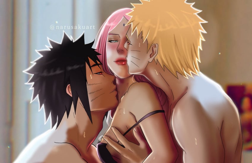 1girls 2boys black_hair blush bra embarrassed flattened green_eyes groping groping_breasts implied_sex kissing kissing_cheek kissing_neck long_hair mmf_threesome multiple_boys narusakuart naruto naruto:_road_to_ninja naruto:_the_last naruto_(series) naruto_shippuden perky_breasts pink_hair red_eyes sakura_haruno sandwich_position sandwiched short_hair small_breasts threesome underwear upper_body uzumaki_menma uzumaki_naruto yellow_hair