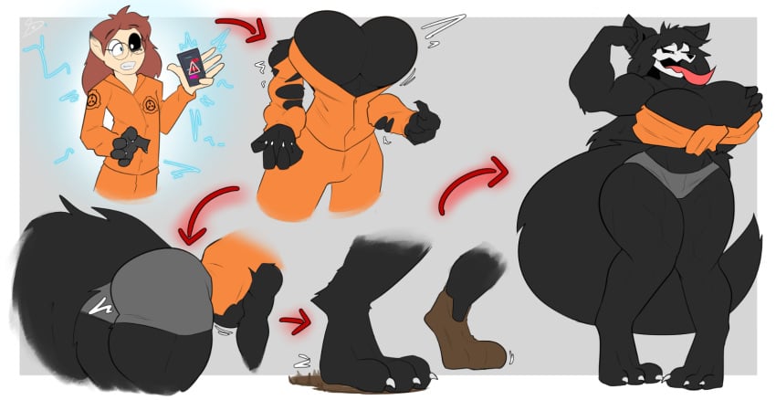 animal_ears animal_humanoid animal_tail big_ass big_breasts big_butt big_thighs black_eyes black_fur claws fur fur_ass fur_breasts fur_thick_thighs furry orange_clothing paws red_hair ripped_clothing scp-1471 scp_foundation tongue tongue_out transformation transformation_sequence