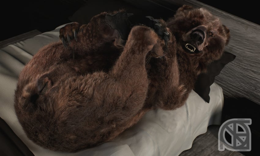 3d animal_genitalia animal_pussy anthro anus anya_(cosmiclife) ass bear bed brown_eyes brown_fur claws cosmiclife feet feet_up female feral fur hi_res hindpaw looking_at_viewer lying mammal on_back pawpads paws pinup pose pussy realistic semi-anthro smile solo spreading teeth ursa ursid ursine