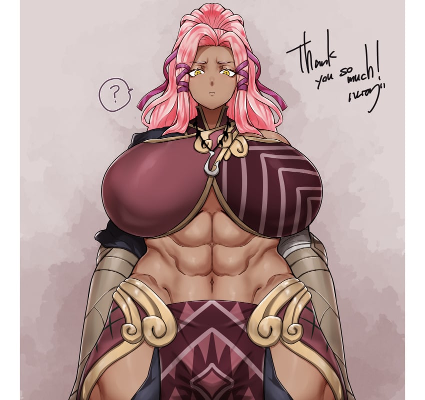 abs big_breasts confused dark-skinned_female ham121ham looking_at_viewer looking_down muscular_female pink_hair ribbons yellow_eyes