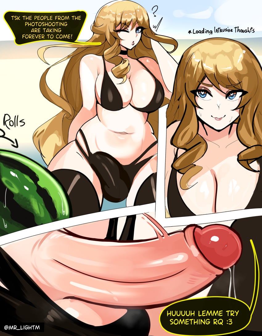 1futa balls beach big_breasts big_penis bikini blonde_hair breasts clothed clothing comic comic_page commission dialogue dick dickgirl dickgirl/female erection fanart futa_only futanari genshin_impact huge_balls huge_cock human light-skinned_futanari light_skin long_hair mostly_nude mr_lightm navia_(genshin_impact) penis precum smooth_balls smooth_penis solo watermelon