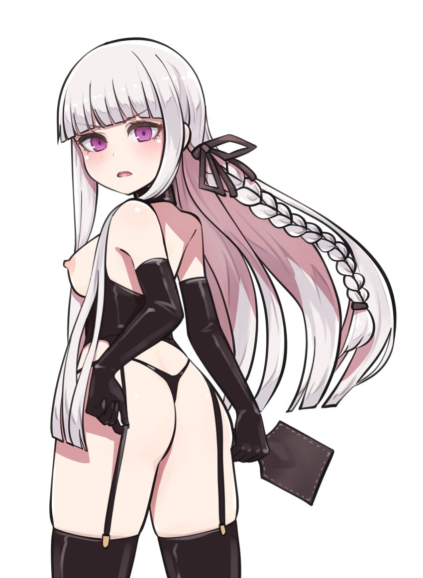 1girls armwear ass butt danganronpa elbow_gloves eyebrows_visible_through_hair hourglass_figure kikiu_bd kirigiri_kyouko latex_armwear latex_elbow_gloves latex_legwear latex_thong legwear long_hair long_hair_female looking_at_viewer looking_back nipples no_bra open_mouth panties purple_eyes purple_eyes_female simple_background thick_thighs thighs thong white_background white_hair white_hair_female