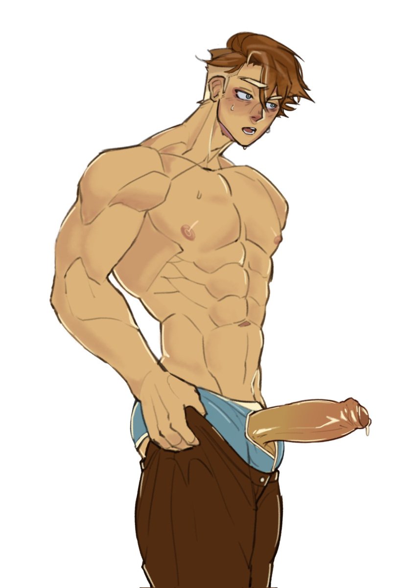 almond_cookie bara brown_hair cookie_run cookie_run_kingdom looking_away pants penis penis_through_fly rj322 shirtless sweat