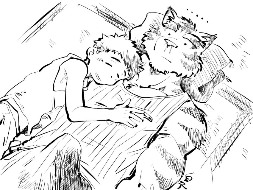 2boys 41raco 4:3 anthro blood bodily_fluids bulge cuddling erection erection_under_clothes felid gay hi_res hiroyuki_(morenatsu) human kirupi male male_only mammal morenatsu muscular muscular_male nosebleed pantherine sleeping tiger torahiko_(morenatsu) yaoi