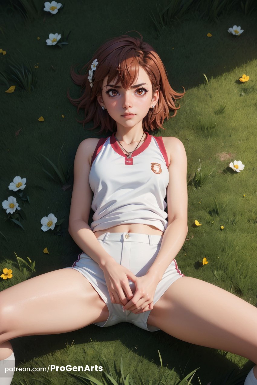 1girls ai_generated artist_name bare_arms bare_shoulders breasts brown_eyes brown_hair closed_mouth collarbone covering_crotch covering_privates earrings emblem feet_out_of_frame flower grass gym_shirt gym_shorts gym_uniform hair_flower hair_ornament hi_res jewelry kneehighs lips looking_at_viewer lying medium_hair midriff midriff_peek misaka_mikoto navel nose on_back on_grass on_ground outdoors patreon_username progenarts school_emblem shirt short_hair short_shorts shorts sleeveless sleeveless_shirt small_breasts socks solo sportswear spread_legs stomach thighs to_aru_kagaku_no_railgun to_aru_majutsu_no_index web_address white_flower white_shirt white_shorts white_socks