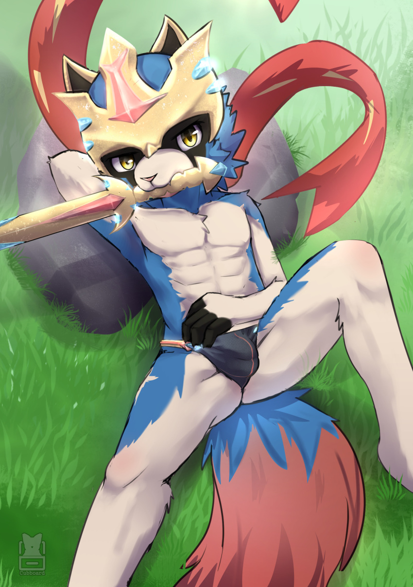 1boy 2019 abs anthro anthrofied blush canine clothes cub cubboard furry hi_res holding_object holding_weapon legendary_pokémon looking_at_viewer male male_only mammal melee_weapon muscular muscular_male nintendo pokémon_(species) pokémorph pokemon pokemon_ss solo sword text topless video_games watermark weapon young zacian