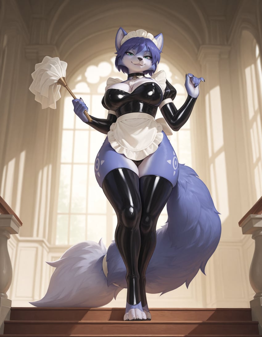 absurd_res ai_generated anthro big_breasts blue_body blue_fur breasts cute_fangs duster female female_fox female_only fox fox_ears fox_tail furry furry_female furry_only green_eyes krystal krystal_(star_fox) latex latex_clothing latex_legwear latex_maid latex_stockings latex_thighhighs looking_at_viewer loonaenthusiast maid maid_headdress maid_outfit nintendo seductive seductive_look solo solo_female star_fox thighs