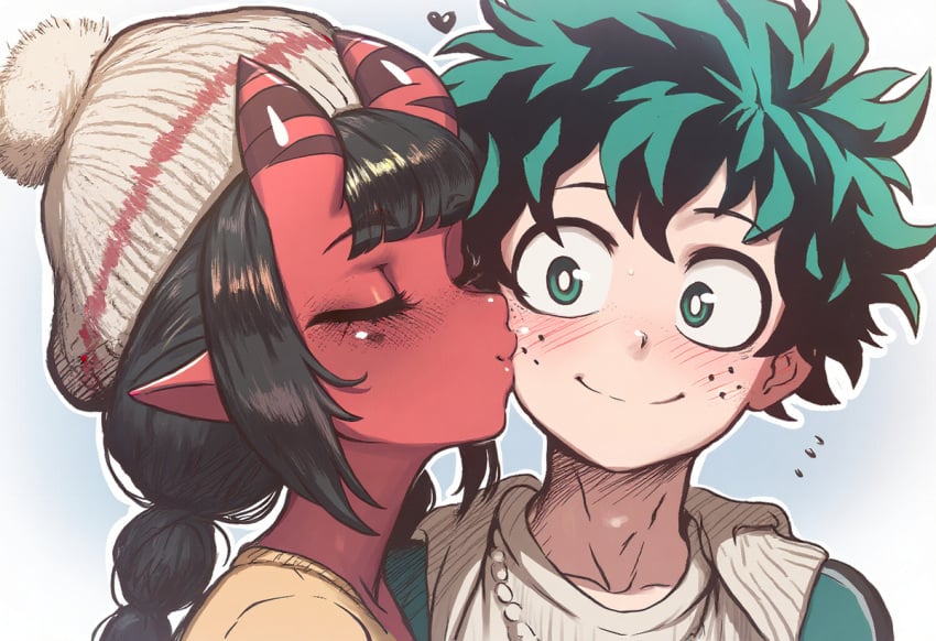 1boy 1boy1girl affectionate ai_generated boku_no_hero_academia caress couple crossover_pairing deku demon_girl dreson female hug izuku_midoriya kissing kissing_cheek love male/female meru_(merunyaa) my_hero_academia no_sex possessed romantic_ambiance romantic_couple straight succubus