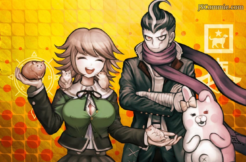 1boy 2girls ai_edit ai_generated arms_crossed big_breasts button_gap cleavage closed_eyes danganronpa danganronpa:_trigger_happy_havoc danganronpa_(series) danganronpa_2:_goodbye_despair edit edited edited_image edited_official_artwork edited_screencap eyelashes female female_focus female_only fujisaki_chihiro fully_clothed genderswap_(mtf) gundham_tanaka hamster heterochromia jscammie looking_down monomi_(danganronpa) rabbit_ears ribbon robot rule_63 scar screencap screenshot screenshot_edit short_hair short_hair_female skirt smile smiling solo solo_female solo_focus tagme watermark