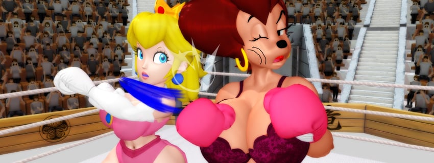 2girls 3d anthro big_breasts blonde_hair boxing boxing_gloves boxing_ring bra breasts brown_hair catfight cleavage crossover doyle44 eastern_and_western_character female_focus female_only fight fighting fighting_ring furry goof_troop huge_breasts large_breasts lingerie long_hair mario_(series) milf one_eye_closed panties peg_pete princess_peach punch punching punching_face ryona short_hair