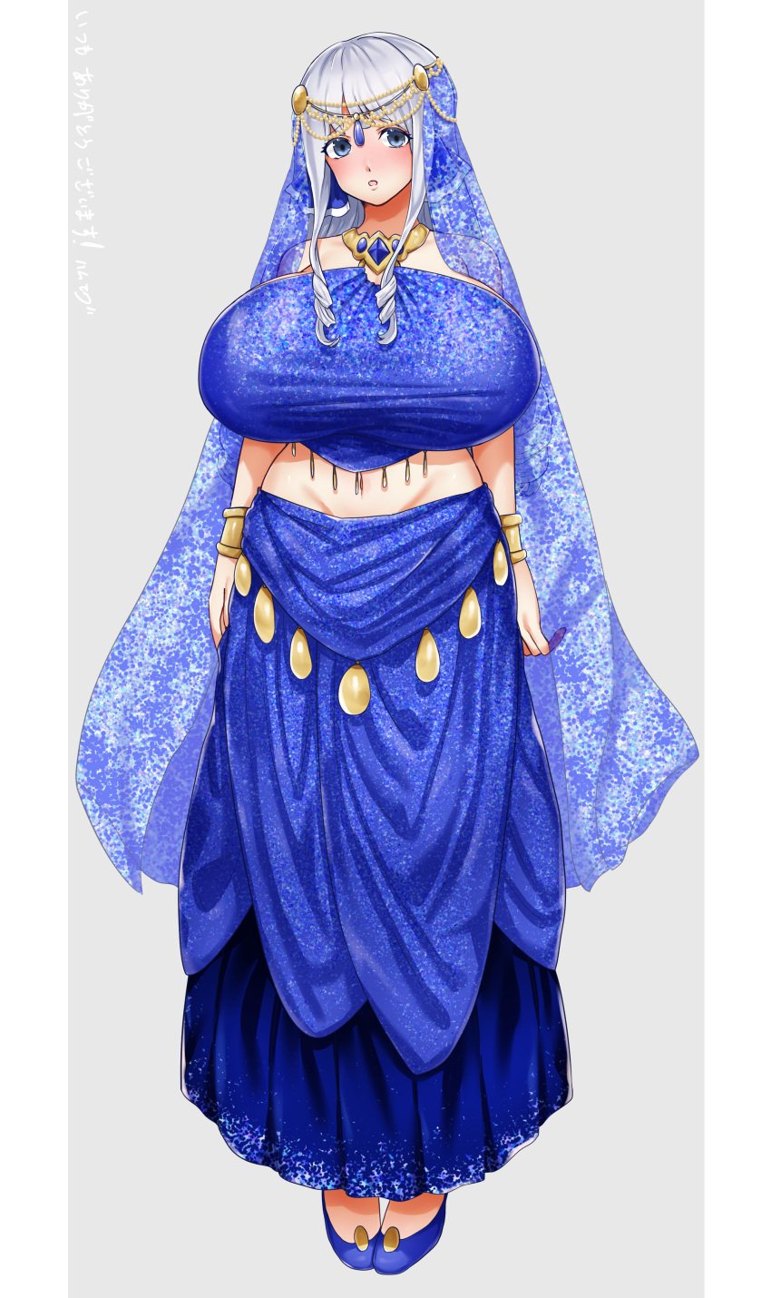 blue_clothing blue_eyes clothing exposed_midriff female ham121ham harem_outfit huge_breasts jewelry light-skinned_female midriff shoes silver_hair veil