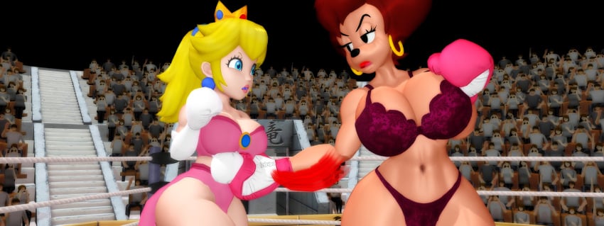 2girls 3d 3d_(artwork) anthro big_breasts blocking blonde_hair boxing boxing_gloves boxing_ring bra breasts brown_hair catfight crossover doyle44 eastern_and_western_character female_focus female_only fight fighting furry goof_troop gut_punch huge_breasts large_breasts lingerie long_hair mario_(series) milf panties peg_pete princess_peach punch short_hair thick thick_thighs thighs wide_hips