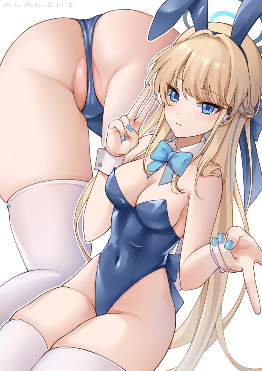 2023 absurdres animal_ears aqua_bow aqua_bowtie asagiri_ai ass blonde_hair blue_archive blue_eyes blue_hairband blue_leotard blue_nails bow bowtie braid breasts bunny_ears covered_navel detached_collar double_peace_sign double_v double_v_sign earpiece fake_animal_ears fake_tail female french_braid hairband halo highleg highleg_leotard highres leotard long_hair medium_breasts multiple_views official_alternate_costume partially_visible_vulva peace_sign playboy_bunny rabbit_ears rabbit_tail simple_background sitting strapless strapless_leotard tail thighhighs toki_(blue_archive) toki_(bunny)_(blue_archive) v v_sign very_long_hair white_background white_legwear white_thighhighs white_wrist_cuffs wrist_cuffs