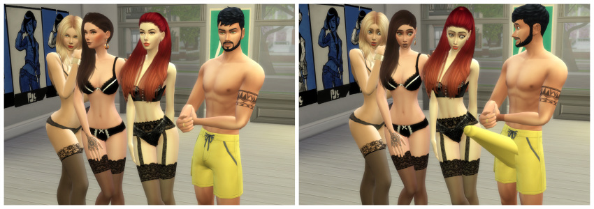 1boy 2019 3d 3girls beard big_penis black_hair erection_under_clothes female lingerie long_hair long_penis male matrixsims normal_breasts nude_male penis red_hair stockings tattoo the_sims the_sims_4