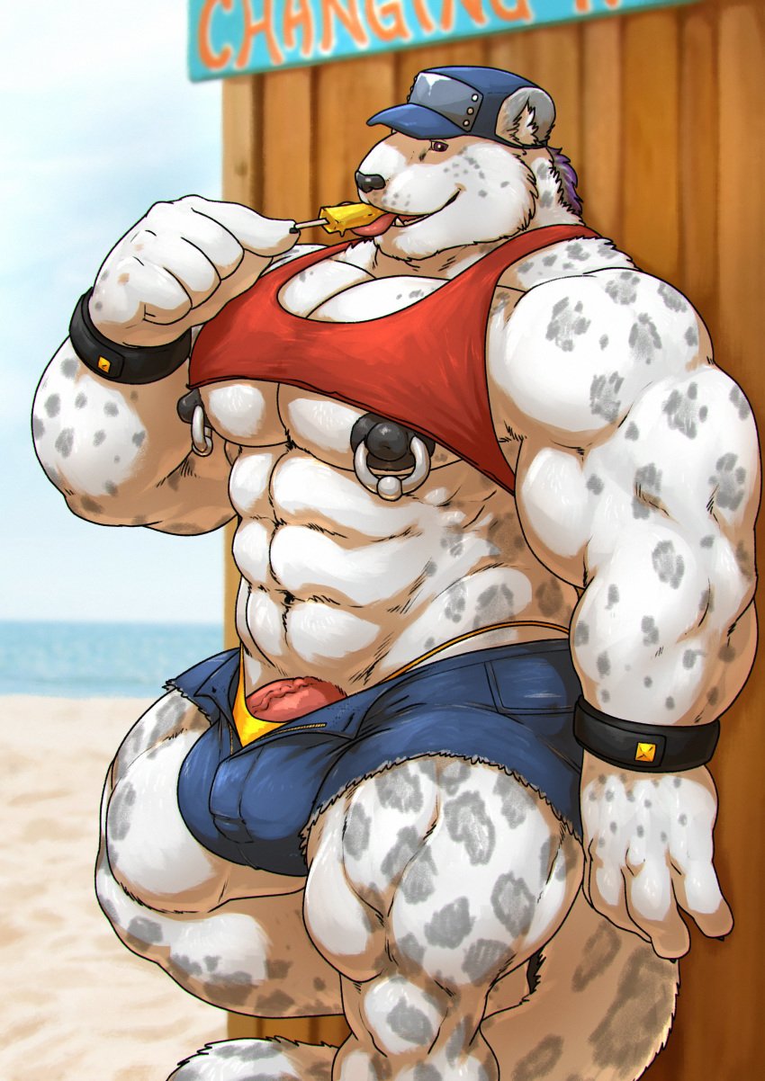 2019 abs absurd_res anthro areola bara beach black_areola black_nipples bulge claws clothing cutoff_shorts felid food fur grisser hat headgear headwear hi_res male male_only mammal midriff muscular muscular_male navel nipple_piercing nipple_ring nipples obliques pantherine pecs penis piercing popsicle seaside shirt snow_leopard solo tank_top thong tongue tongue_out topwear vein veiny_penis white_fur