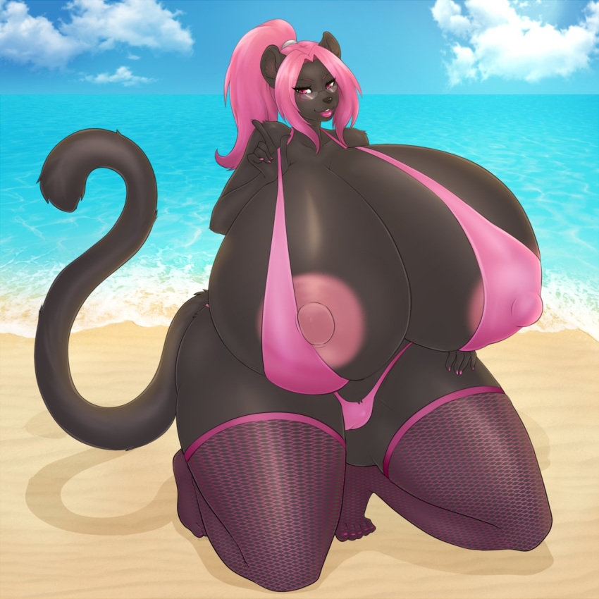 1:1 anthro beach big_breasts bikini breasts cameltoe clothing eyewear felid feline female fishnet glasses hi_res huge_breasts hyper hyper_breasts kneeling legwear looking_at_viewer makeup mammal nipple_bulge nipples outdoors pokies seaside small_head smile solo suika-x swimwear thick_thighs thigh_highs