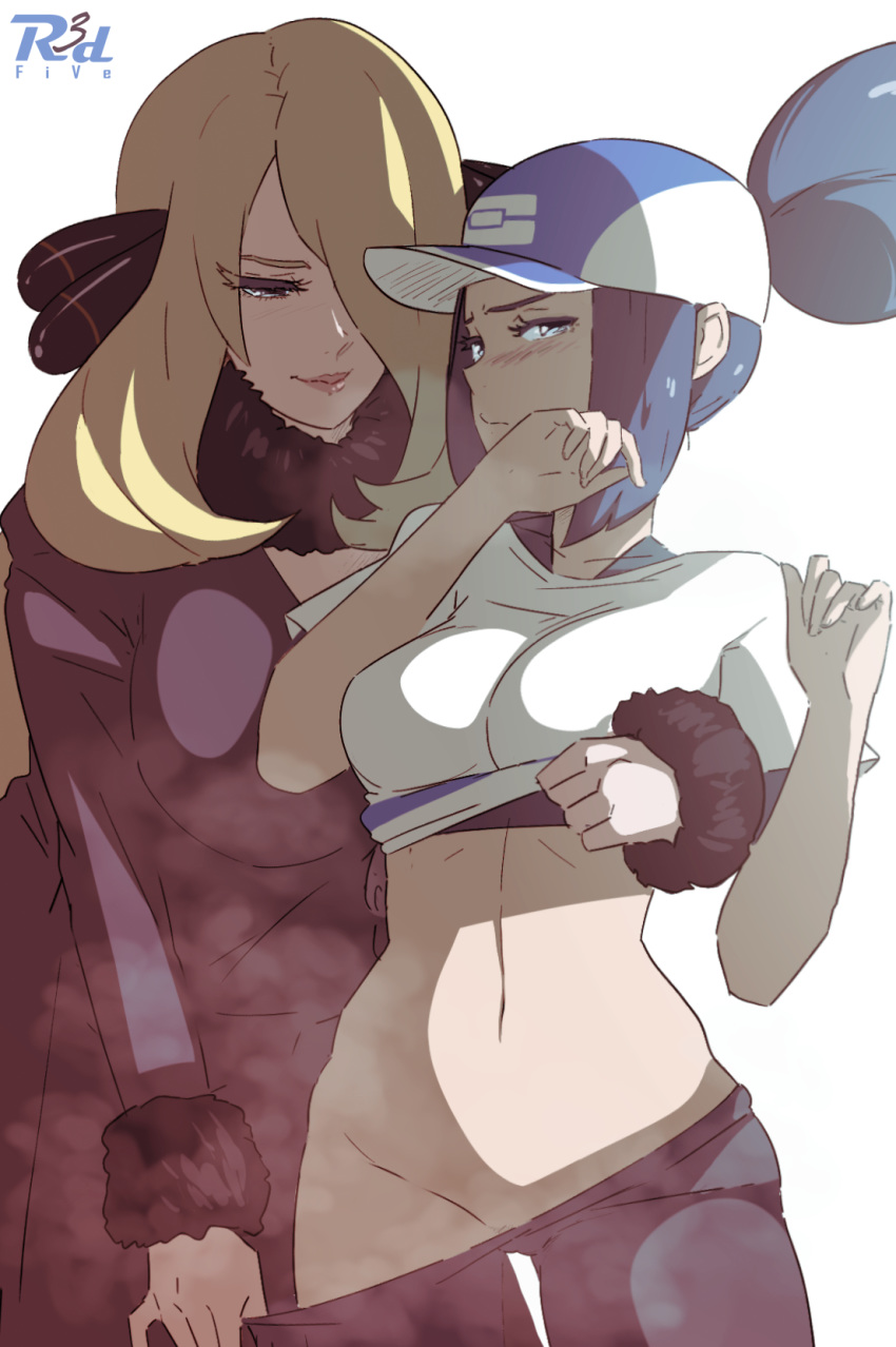 2girls abs age_difference belly bettie_(pokemon) big_breasts black_hair blonde_hair blue_eyes blue_hair blush breasts clothed clothes coat cynthia_(pokemon) eye_contact eyelashes female female_only grey_eyes hair_ornament hair_over_one_eye half-closed_eyes hat huge_breasts human large_breasts larger_female long_hair looking_at_viewer multiple_girls navel nintendo pantyhose pokemon pokemon_dppt pokemon_masters ponytail r3dfive shirt shirt_lift size_difference smaller_female standing text thick_thighs thigh_gap undressing undressing_another very_long_hair watermark white_background wide_hips yuri