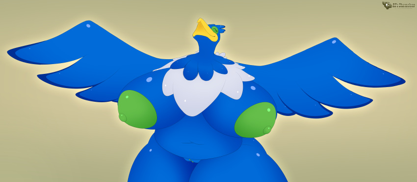 1girls 2019 absurd_res anthro anthrofied areolae avian bds_charmeleon beak belly belly_overhang big_belly big_breasts biped bird blue_feathers blue_tail blue_wings breasts brown_background chubby closed_eyes cramorant deep_navel erect_nipples feather_tuft feathered_wings feathers female front_view fupa glistening glistening_breasts glistening_feathers green_areola green_eyes green_nipples green_pussy grey_feathers half-length_portrait head_tuft hi_res huge_areolae huge_ass huge_breasts multicolored_feathers navel nintendo nipples non-mammal_breasts nude obese obese_female outline overweight overweight_female pokémon_(species) pokemon pokemon_ss pokemorph portrait pussy shiny_skin simple_background smile solo spread_arms spread_wings standing tail_feathers text thick_thighs tuft two_tone_feathers video_games watermark wide_hips wings yellow_beak