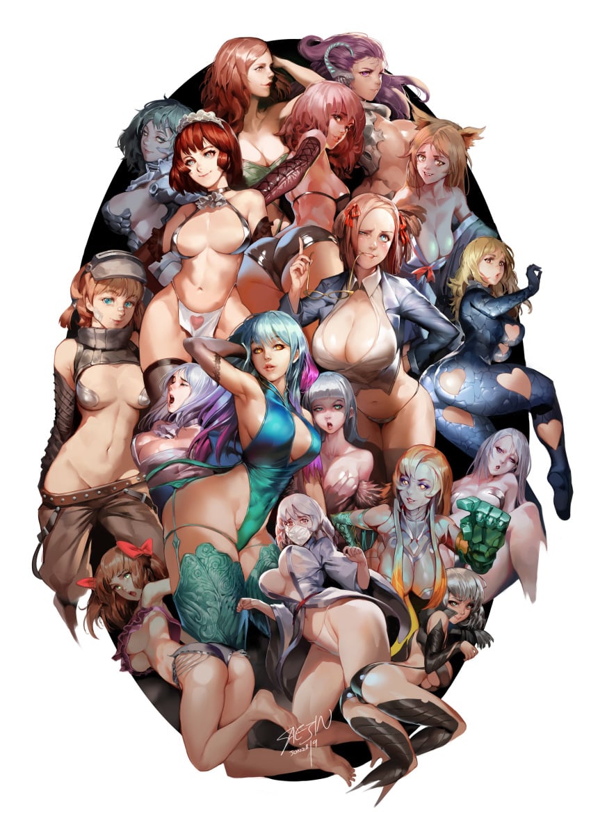 17girls 6+girls absurdres ass big_breasts bra breasts catgirl character_request cleavage copyright_request female female_only highres huge_breasts large_breasts looking_at_viewer panties saejin_oh thighhighs