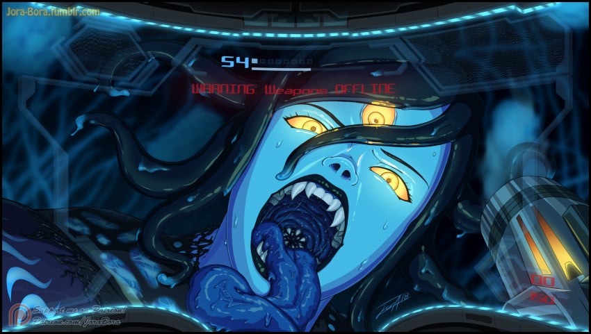 1girls 3_eyes alien alien_girl ambiguous_gender armor black_hair black_lips blue_skin danger dark_samus fangs female glowing_eyes gun hair_between_eyes hud imminent_vore impending_death impending_vore jorabora long_tongue malfunction metroid metroid_prime moaning monster_girl multi_eye naughty_face nintendo patreon peril phazon pov saliva saliva_strand saliva_string saliva_trail samus_aran seductive sharp_teeth smoke struggle sweat teeth teeth_showing tentacle_hair text tongue tongue_out unwilling_prey unwilling_vore url vore warning watermark wet yellow_eyes