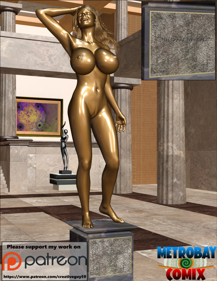 3d armpit big_breasts creativeguy59 erect_nipples female female_only gold gold_(metal) gold_hair gold_skin gold_statue hand_on_head human human_only original petrification signature solo statue story_in_description v2017 yellow_hair yellow_skin