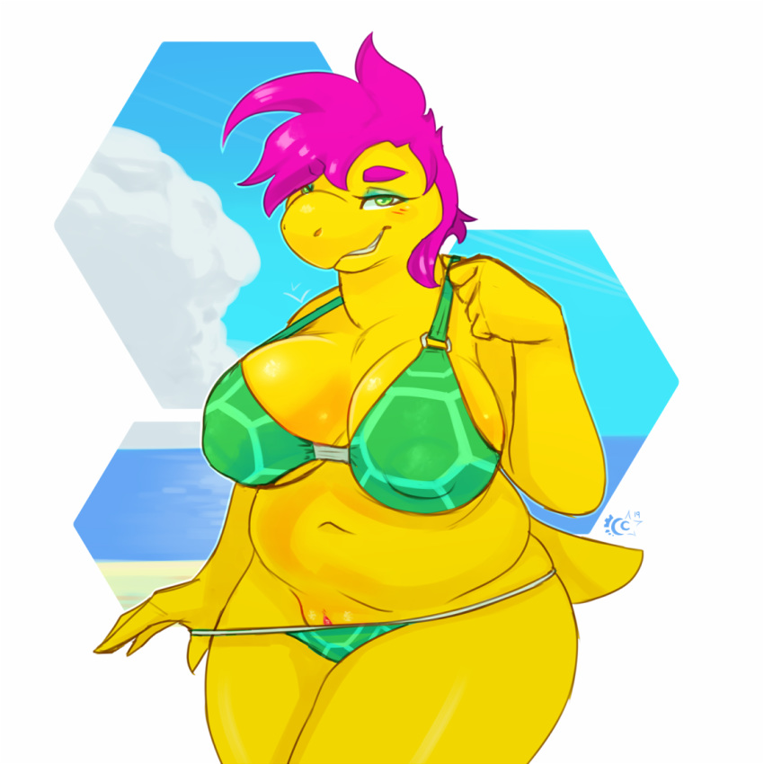 1:1 2019 5_fingers anthro beach bedroom_eyes belly big_breasts bikini blush breasts cannoncrasher cleavage clothed clothing cloud eyelashes eyeshadow female flashing green_eyes hair half-closed_eyes koopa looking_at_viewer makeup mario_(series) navel nintendo outside overweight overweight_female partially_clothed purple_hair pussy scalie sea seaside seductive shelly sky smile solo standing swimwear teeth thick_thighs undressing video_games water yellow_skin