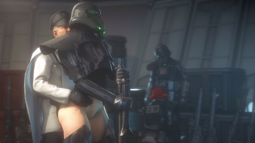 2boys 2girls 3d ambiguous_penetration armor blaster blowjob clothed clothed_sex death_trooper dlt-19d_heavy_blaster_rifle fellatio firearm gun hand_on_hip helmet kneeling no_pants orson_krennic partially_clothed red_hair rogue_one:_a_star_wars_story standing standing_sex star_wars weapon zwift